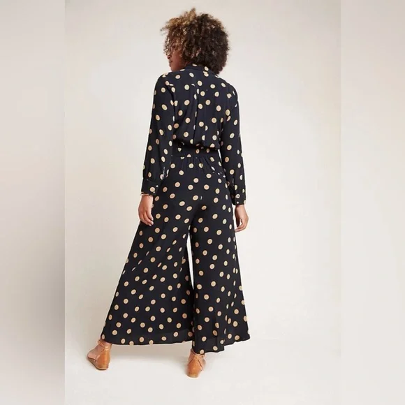 ANTHROPOLOGIE Loveland Wide-Leg Jumpsuit Women's Size US 4 Black Polka - Picture 2 of 7